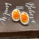 Vintage Neon Orange Rose Floral Cameo Stainless Steel Flower Earring Studs Boho Photo 1