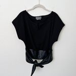 Anthropologie [] Black Faux Leather Tie Waist Short Sleeve V-Neck Top Sz Small S Photo 8