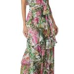 Badgley Mischka Palm Print Ruffle Pink Green Maxi Dress Size 4 Photo 2