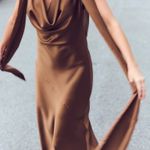 ZARA  dress gown maxi halter scarf satin plunge neck Brown  Evening Wedding Photo 6