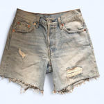 Classic Y2K Levi 501 Button Fly Ripped Distressed High Rise Mom Denim Jean Shorts Raw Frayed Hem Measurement in pics Blue Size 26 Photo 0