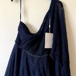 Mac Duggal  One-Shoulder Bell Sleeve Lace Gown Navy blue 11244 size 16 UB Photo 4