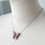 Silver Tone Chain Purple Faux Mother Of Pearl Deco Butterfly Pendant Necklace Photo 3