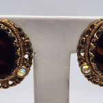 Vintage West Germany Gold Tone Brown Porphyry Glass & Rhinestone Clip Photo 0