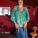 Farm Rio  Banana Sky Blouse Size XS NWT Tie Neck Swiss Dot Cotton Balloon Sleeve Photo 1