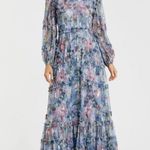 Mac Duggal   8098 Blue Floral Long Sleeve High Neck Ruffle Midi Dress Photo 0