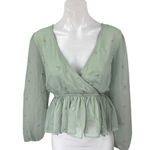 Lulus Green Long Sleeve Embellished Faux Wrap V Neck Peplum Blouse Top Size M Photo 0