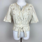 Elie Tahari  Wrap Jacket M Linen Beige Floral Applique Crop Short Sleeve‎ Photo 0