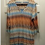 Chico's Size Large (2) Aztec Southwest Boho Split Neck Orange Blue Linen Top Photo 0