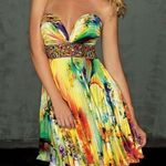 Evenings by Allure Bright Print Short Pleated Prom Dress Sz 0” Gold Photo 0