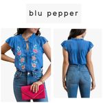 Blu Pepper  Blue Tie Front Cap Sleeve Blouse L Photo 1