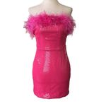 Pink Sequined Feather Trim Mini Dress Size M Photo 3
