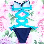 Boutique NEW Teal Blue/Navy Criss Cross Straps Bikini Photo 3