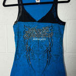 Harley Davidson Motorcycles Womens Blue Lace Trim Tank Top Nebraska Size Small Photo 0