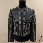 Genuine Leather Studded Crop Jacket Coat Blazer Cardigan Parka Slim Fit Rhinestones Black Size M Photo 4