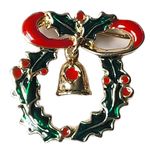 Vintage Christmas Holiday Holly Wreath Jingly Bell Brooch Pin Stocking Stuffers Red Photo 0