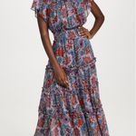 MISA Los Angeles Misa Suki Cerulean Flora Metallic Chiffon Floral Ruffle Midi Dress Photo 0