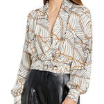 Nicholas Sheila Cream Brown Silk Leaves Print Shawl Neck Wrap Style Blouse Size Size 6 Photo 0