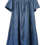 Go Softly Patio Embroidered Floral Denim Mumu Dress Zip Front Pockets Sz Medium Blue Photo 0