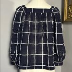 J.Crew Size 10P Navy Blue White Windowpane Plaid Blouse Square Neck 10 Petite Photo 2