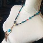 Handcrafted southwest style natural stone leather fringe medallion necklace Photo 2