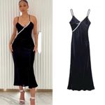 ZARA Bloggers Fav Black Satin Effect Rhinestone V-Neck Midi ChristmasDress Sz M Photo 4