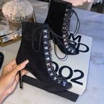 Balmain Black Lace Up Peep-Toe Suede Stiletto Booties Photo 1