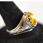Source Unknown Distinctive Lt. Orange Cut Glass Oval Stone Etched Silver Tone Band Size 9 Ring Photo 1