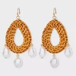 A New Day  Raffia Oval Pearl Drop Earrings New Brown white jewelry size medium Photo 1