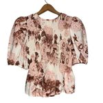 EXPRESS Floral Smocked Peplum Top Puff Short Sleeve Brown Pink Blouse Photo 2