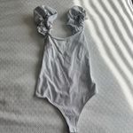 EXPRESS White Ruched Puff Strap Scoop Neck Thong Bodysuit | Size Small (S) Photo 1
