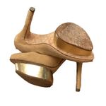 L.A.M.B. BEIGE & GOLD FUR & LEATHER "NIKKO" PLATFORM STILETTO HEELS (6M) Photo 10