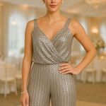 Badgley Mischka Bagley Mischka Silver Sequin 2-Piece Pant Set Size 12 LG Silk Lined Evening Glam Photo 0