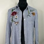 Modavanti Embroidered Floral Bird Nautical Striped Button Down Blouse Size L Photo 0