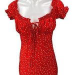 Polly Red Floral Short Puff Sleeve Tie Front Ruffle Mini Bodycon Dress Size 6 Photo 0
