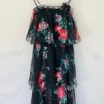 Vintage Chiffon Dark Floral Maxi Midi Dress ILGWU Womens Union Ruffle Spaghetti Strap Black Flower Size 8 Photo 1