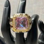 Mens Statement Ring Large Square Pink Gemstone Gold Tone Bold Fashion Ajustable Photo 0