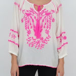 White Boho Embroidered Tassel Tie Neck Tunic Top Pink Birds Size M Photo 0