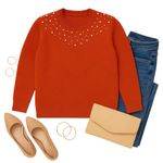 BloomChic Rust Orange Pearl Embellished Sweater Size 10 Feminine Knit Top in EUC Photo 1