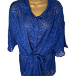 Marc New York Andrew Marc Sheer Blouse Tie Front Collared Floral Blue XL Photo 0