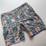 LL Bean Chino Shorts Madras Size 18 Favorite Fit Blue Patchwork Plaid Cotton Photo 0