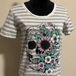 EUC Air Waves Grey and White Striped T Shirt Dress Floral Skull Graphic size XL Gray Photo 1