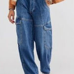 Free People  All Star Pull On Jeans Utility Cargo Low Slung Baggy Denim Dark szxs Photo 0