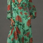 Anthropologie The Odetta Ruffled V-neck Dress Green and Red Floral size Medium Photo 0