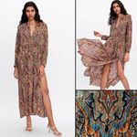 ZARA  Bohemian Paisley Side Slit V-Neck Long Sleeve Maxi Dress Photo 1