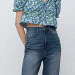 ZARA  Blue Green Floral Cropped‎ Ruffle Short Sleeve Cotton Blouse Large Photo 0