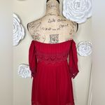 Umgee  Red Crocheted Lace Bell Sleeve Flowy Dress Size Medium Photo 6