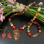 Handmade Carnelian Agate Gemstone Leaf Pendant Fall Theme Beaded Jewelry Set Photo 0
