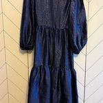 Topshop Women 8 Premium Textured Jacquard Blue Sheen Open Back Puff Sleeve Photo 0