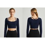 Halara  Navy Ribbed Long Sleeve Crop Top with Strappy Detail Size M NWT Photo 1